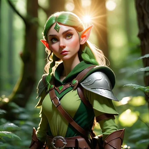 Prompt: Elf ranger in a mystical forest around sunlight