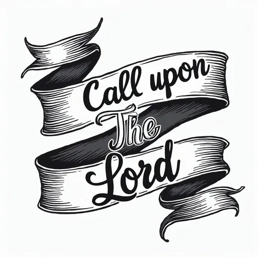 Prompt: Call Upon The Lord written in a ribbon banner in in black and white