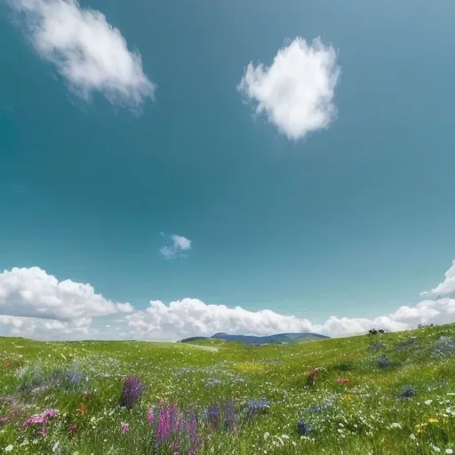 Prompt: "A lush green meadow with colorful wildflowers at the bottom of the image. The sky above is bright blue with a few white fluffy clouds scattered across it. The composition has 30% of the image as the meadow and 70% as the sky, creating a serene and beautiful natural landscape."