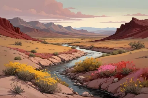 Prompt: desert terrain with rolling hills and wildflowers and a river flowing left to right ,  nevada nature, uhd image, abigail larson, realistic landscape, traditional oil painting, brown red pinks and yellows --ar 123.86 --v5.2
