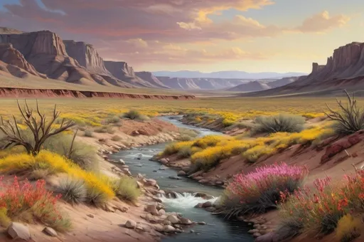 Prompt: desert terrain with rolling hills and wildflowers and a river flowing left to right , Nevada landscape, uhd image, , realistic landscape, ansel adams style,  traditional oil painting, brown red pinks and yellows --ar 123.86 --v5.2