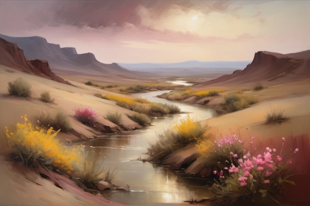 Prompt: desert terrain with rolling hills and wildflowers and a river flowing, in the style of grigory gluckmann, nevade nature, uhd image, abigail larson, realistic landscape, traditional oil painting, brown red pinks and yellows --ar 