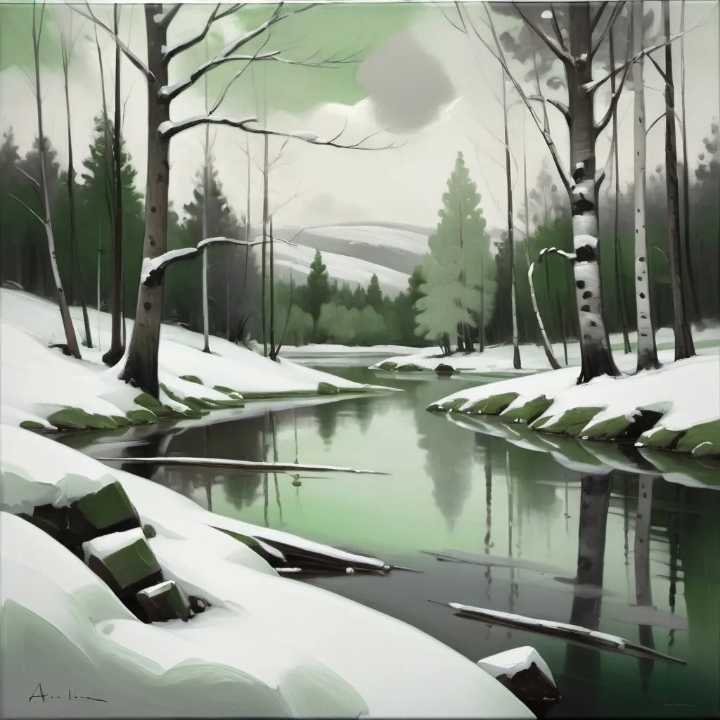 Prompt: painting of trees covered in snow, in the style of grigory gluckmann, Norwegian nature, uhd image, abigail larson, realistic landscape, traditional oil painting, green and gray -- ar 4;3