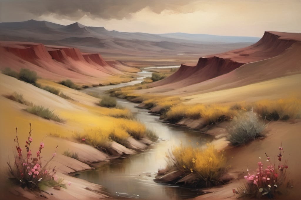 Prompt: desert terrain with rolling hills and wildflowers and a river flowing, in the style of grigory gluckmann, nevade nature, uhd image, abigail larson, realistic landscape, traditional oil painting, brown red pinks and yellows --ar 