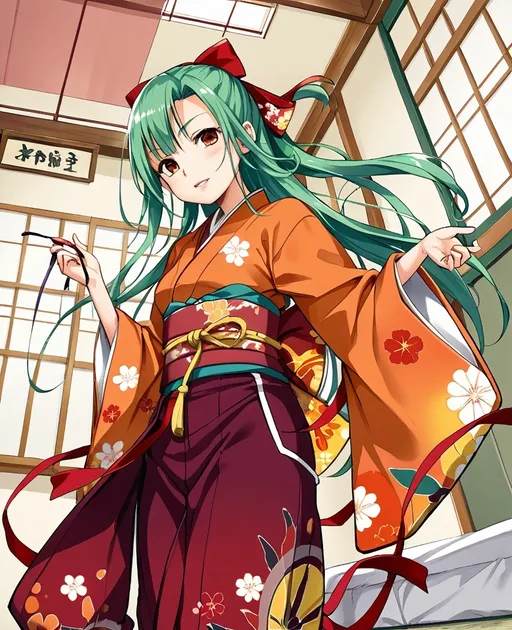 Prompt: clean illustration of anime girl with black long hair, half up-half down in a ribbon, she is wearing a kimono with an orange top and maroon bottoms