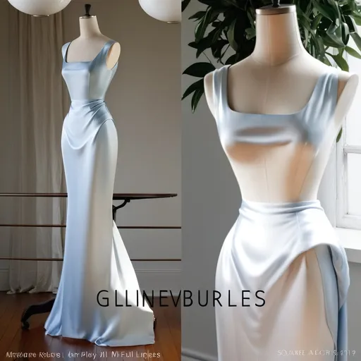 Prompt: a deep blue silk dress on a mannequin with a white background, square neck line, draped fabric on the full-length skirt with a structured bodice
 

