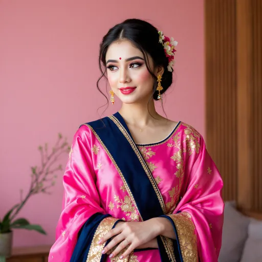 Prompt: Adorned in a beautifully designed outfit, a young woman stands gracefully, her expression a blend of poise and introspection. The attire features a striking combination of vibrant pink and deep blue, with intricate gold embellishments that catch the light, showcasing cultural elegance. Soft lighting enhances the texture of her fabric, while her neatly arranged hair, adorned with flowers, complements her delicate jewelry. Surrounded by a simple indoor setting with wooden elements and a muted pink wall, the overall atmosphere conveys a sense of tradition fused with contemporary grace, inviting an appreciation for craftsmanship and beauty.