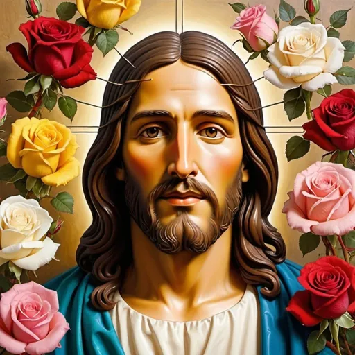 Prompt: create a painting of jesus christ with a background of different coloured roses. head and shoulders only. paint in the style of leonardo da vinci