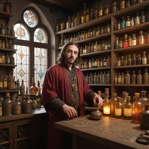 Prompt: (alchemist facing camera at a three-quarter view), detailed robes with intricate patterns, holding a small glowing potion bottle in one hand, warm, standing behind sales counter covered in alchemical tools, mystical ambiance, elegant window in background, enchanting atmosphere, alchemical symbols, low lit surroundings with shelves of multicolored bottles, various drying herbs hang on the wall, ultra-detailed, 4K resolution, magical realism, captivating expression.