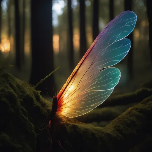 Prompt: The close up of a fairy wing in a glowing woodland 