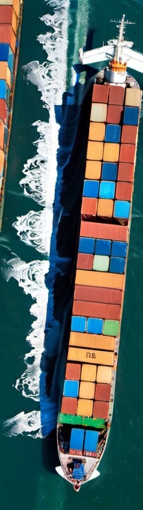 Prompt: vertical image of cargo ship with containers on