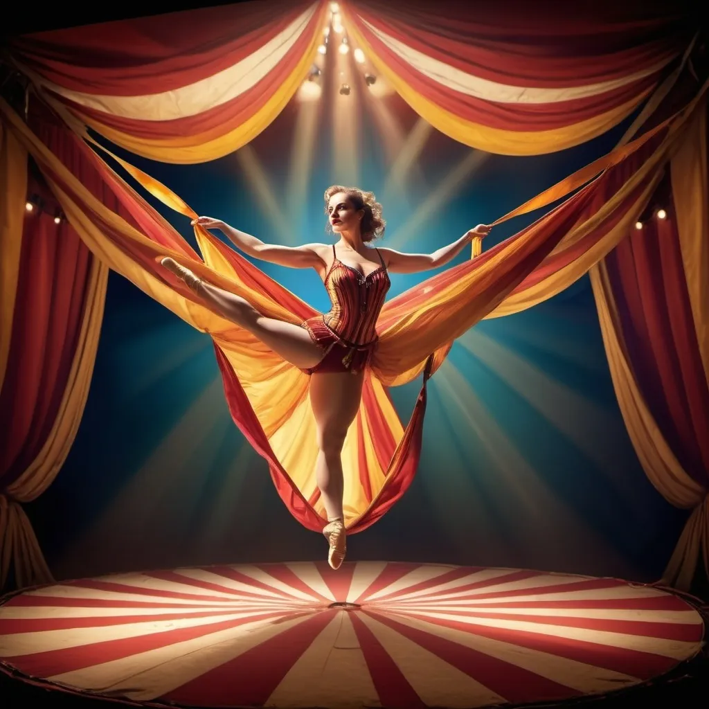 Prompt: circus act with woman on fabric ribbons