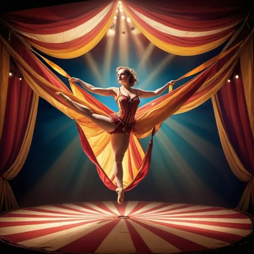 Prompt: circus act with woman on fabric ribbons