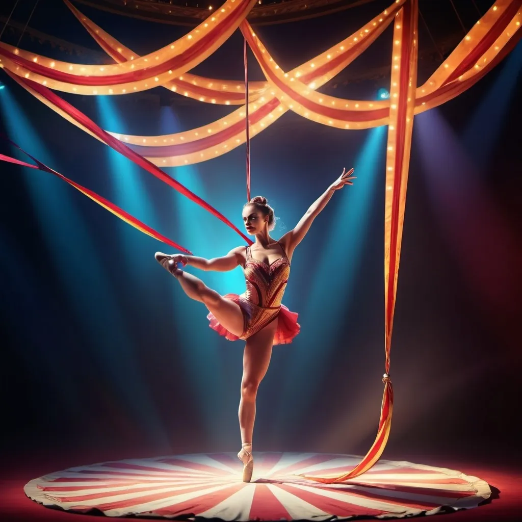 Prompt: circus act with woman on fabric ribbons fliyng in the air