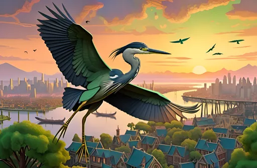 Prompt: A green and leaf covered heron with a wooden necklace flies over a fantasy city landscape at sunset