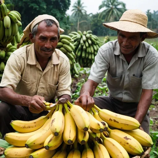 Prompt: Two farmers doing a trade of bananas