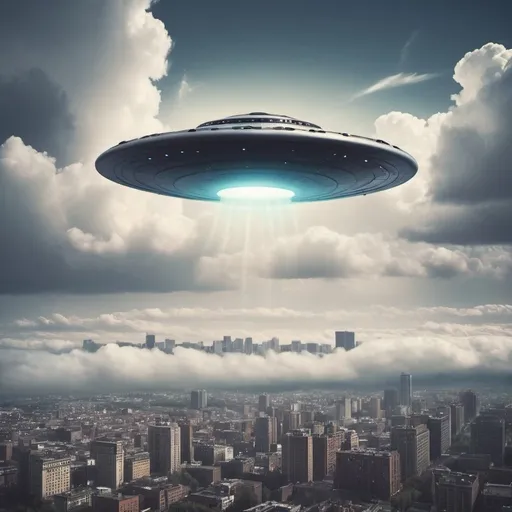 Prompt: A flying saucer hiding in the clouds above a city