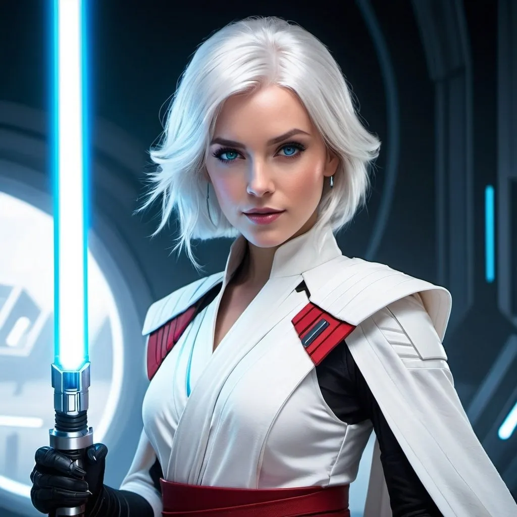 Prompt: a woman in white and red jedi outfit, holding her lightsaber with a sky blue blade, white hair and light diamond blue eyes, standing in a room with a sci-fi feel, Eve Ryder, sots art, character portrait, a character portrait