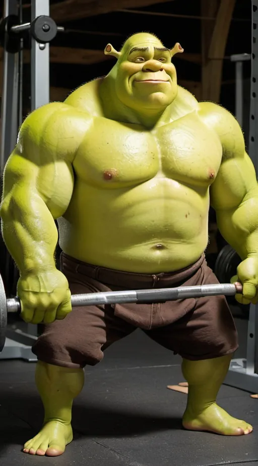 Prompt: shrek lifting weights and buff