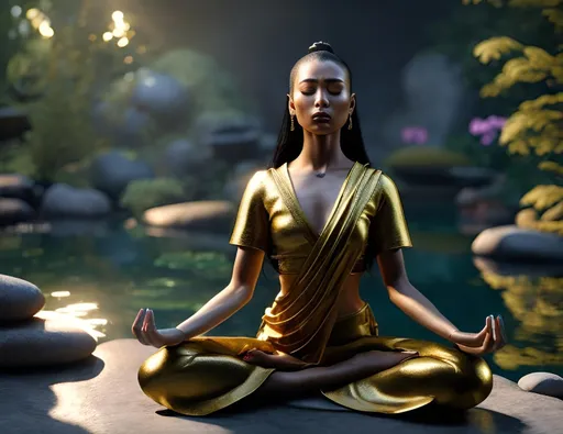 Prompt: 4 elements in harmony. woman meditating, two arms, perfect fingers, by the pond shining light, modern portrait of a magical priestess with low amount of clothes on, high detailed golden tattoos, thick, beautiful face, full body shot, dramatic light scene, ultra realistic details, photorealistic references, cry engine realistic render, 4k, 8k, Ray tracing