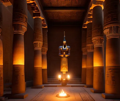 Prompt: In an Egyptian temple with a large statue of Isis, hieroglyphics on the walls, torches, mystical, magical, mysterious, fantasy, wonderful soft light, fairy tale scene, cinematic, unreal engine, octane render, vray