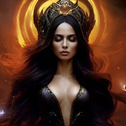 Prompt: Beautiful intense sorceress, art by greg rutkowski, frank frazetta, boris vallejo, goddess, long flowing hair, ornate, elegant, intricate, magical power, detailed portrait, 8k, ultra resolution, hyper realistic, ray tracing sitting on a lotus meditating, with a an orange glowing light coming from her naval dimensional multiverse backround with lotus onmifractal flower of life lights, photo realistic, HDR, cynematic, ultra realistic, rendered on a program from the future, cosmic surreal