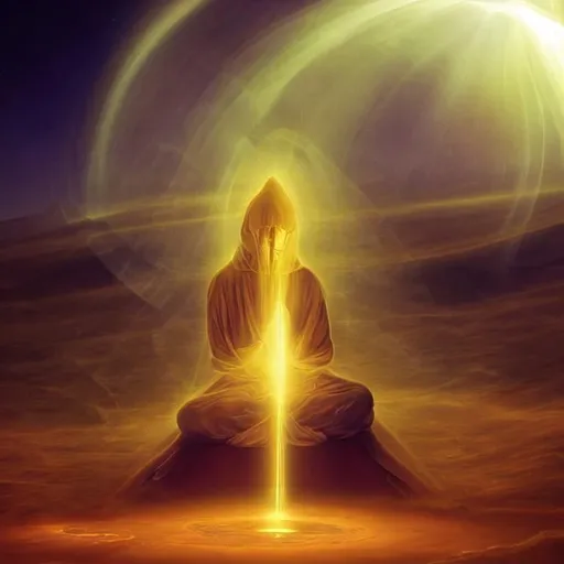 Prompt: hooded monk meditating in space, halo, light shafts, wisps, sandstorm, light diffusion, godly, ascending, by moebius, digital art, beautiful, sacred, holy, surreal, fantasy art, oasis, by durer, durer, fairies, surreal alien kingdom, ancient civilization, alien language, space civlization, dmt entity, machine elf, machine elves, 4d, advanced civilization, anunaki, sacred geometry, pretty face, starscape, shrouded figure, obscured face, smooth, visionary art, energy, by peter morhbacher, liquid, pearlescent, shimmering, shiny