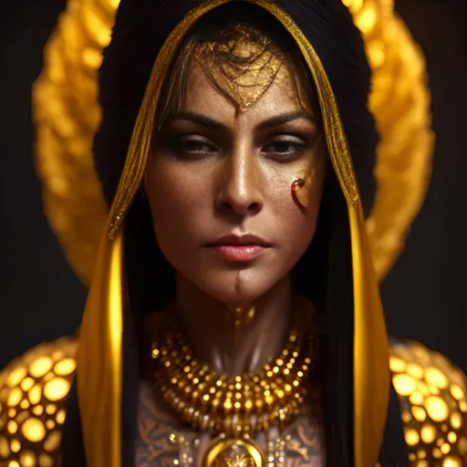 Prompt: modern portrait of a magical priestess with low amount of clothes on, high detailed golden tattoos, thick, beautiful face, full body shot, dramatic light scene, ultra realistic details, photorealistic references, cry engine realistic render, 4k, 8k, Ray tracing