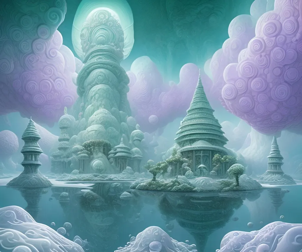 Prompt: A Temple floating upon White biomorphic clouds, deep green ice, violet ice, Jacek Yerka style mix...