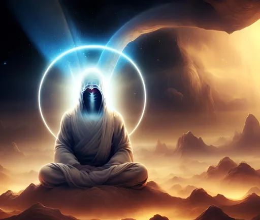 Prompt: hooded monk meditating in space, halo, light shafts, wisps, sandstorm, light diffusion, godly, ascending, by moebius, digital art, beautiful, sacred, holy, surreal, fantasy art, oasis, by durer, durer, fairies, surreal alien kingdom, ancient civilization, alien language, space civlization, dmt entity, machine elf, machine elves, 4d, advanced civilization, anunaki, sacred geometry, pretty face, starscape, shrouded figure, obscured face, smooth, visionary art, energy, by peter morhbacher, liquid, pearlescent, shimmering, shiny