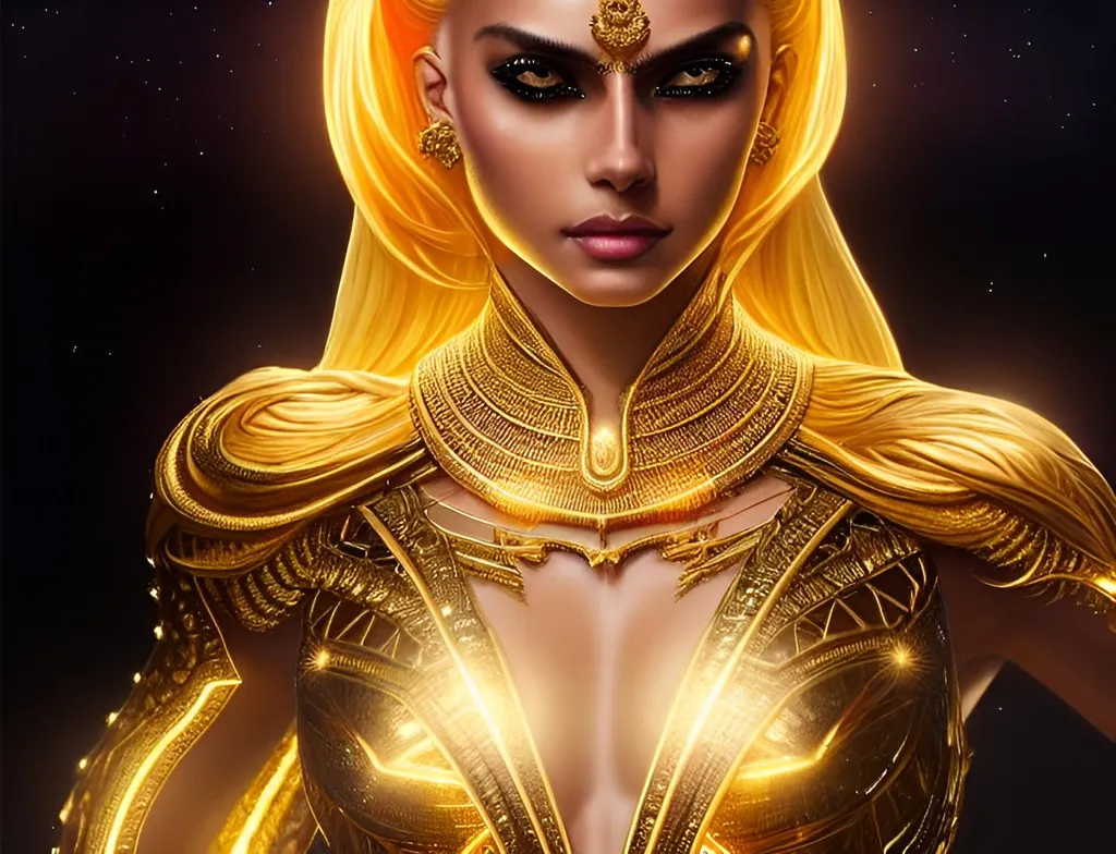 Prompt: dress made out of intricate glowing golden chains. With solar plexus glowing, bound by glowing golden chains, glowing golden collar, glowing golden eyes, glowing hair, superpowers, magic, fantasy, intricate, dramatic, digital painting, artstation, smooth, sharp focus, illustration, art by artgerm and greg rutkowski and alphonse mucha