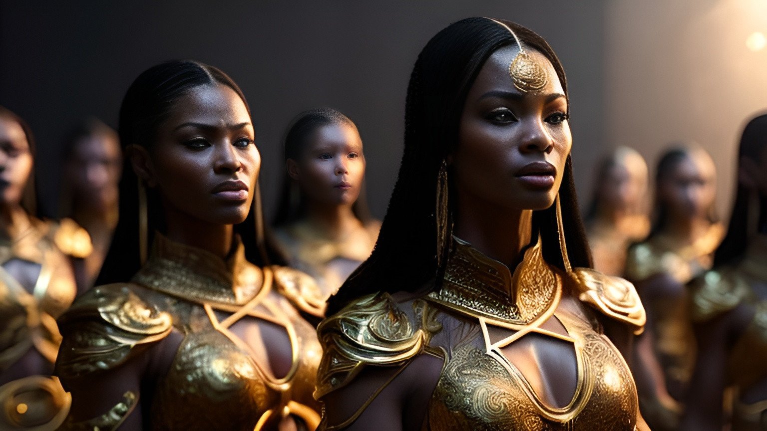 Prompt: hyper realistic a gathering of beautiful modern portrait of a magical priestesses with low amount of clothes on, high detailed golden tattoos, thick, beautiful face, full body shot, dramatic light scene, ultra realistic details, photorealistic references, cry engine realistic render, 4k, 8k, Ray tracing