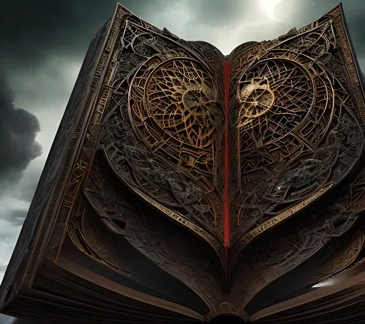 Prompt: (Book of end times) Grimoire, dangerous, magical, huge, beautiful, ominous, magical symbols, Menacing, Majestic, harp focus, vivid color, intricate details, highly detailed, UHD, HDR, 8K, ((Masterpiece))