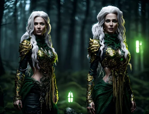 Prompt: hyper realistic full body shot of a green nordic witch with detailed golden tattoos, dramatic lighting, cry engine realistic render, 8k, 4k, ultra realistic details, photorealistic references, thick beautiful face, high detailed, clothes on, ray tracing, dramatic light scene, green tones, realistic rendering, stunning visual quality, mystical atmosphere