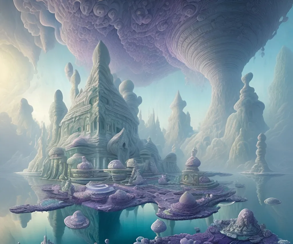 Prompt: A Temple floating upon White biomorphic clouds, deep green ice, violet ice, Jacek Yerka style mix...