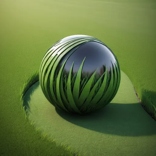 Prompt: Stylised rolling ball creating indentation in grass behind it