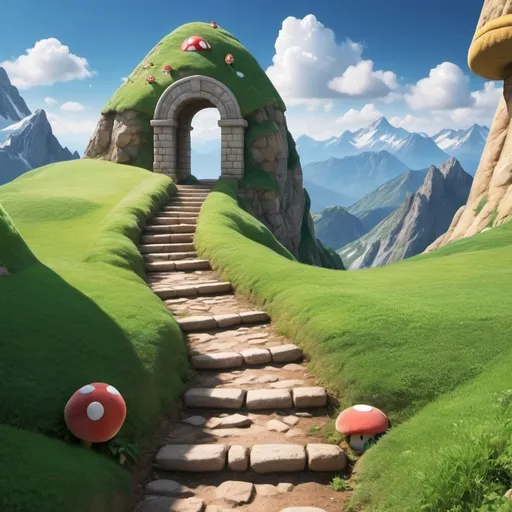 Prompt: Super Mario style mountain path leading to summit with archway