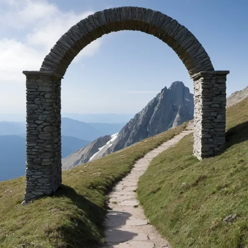 Prompt: Mountain path leading to summit with archway