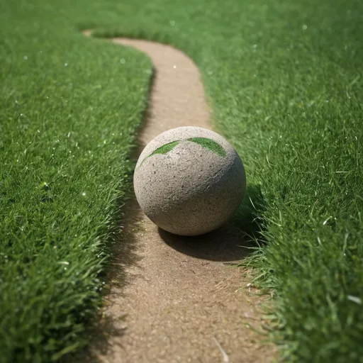 Prompt: Path being carved out by ball rolling through grass with particles flying