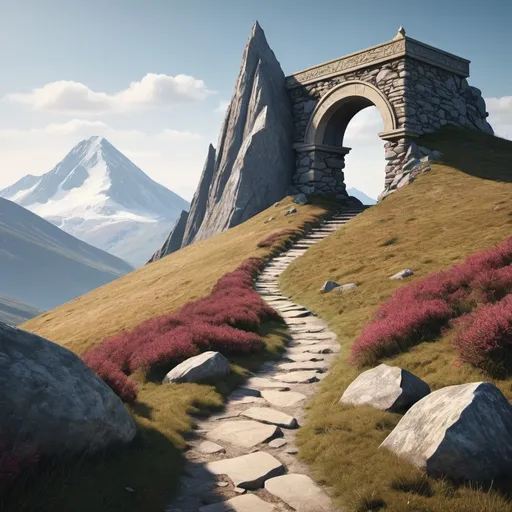 Prompt: Stylised mountain path leading to summit with archway