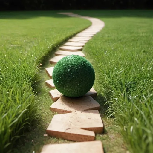 Prompt: Path being carved out by ball rolling through grass with particles flying