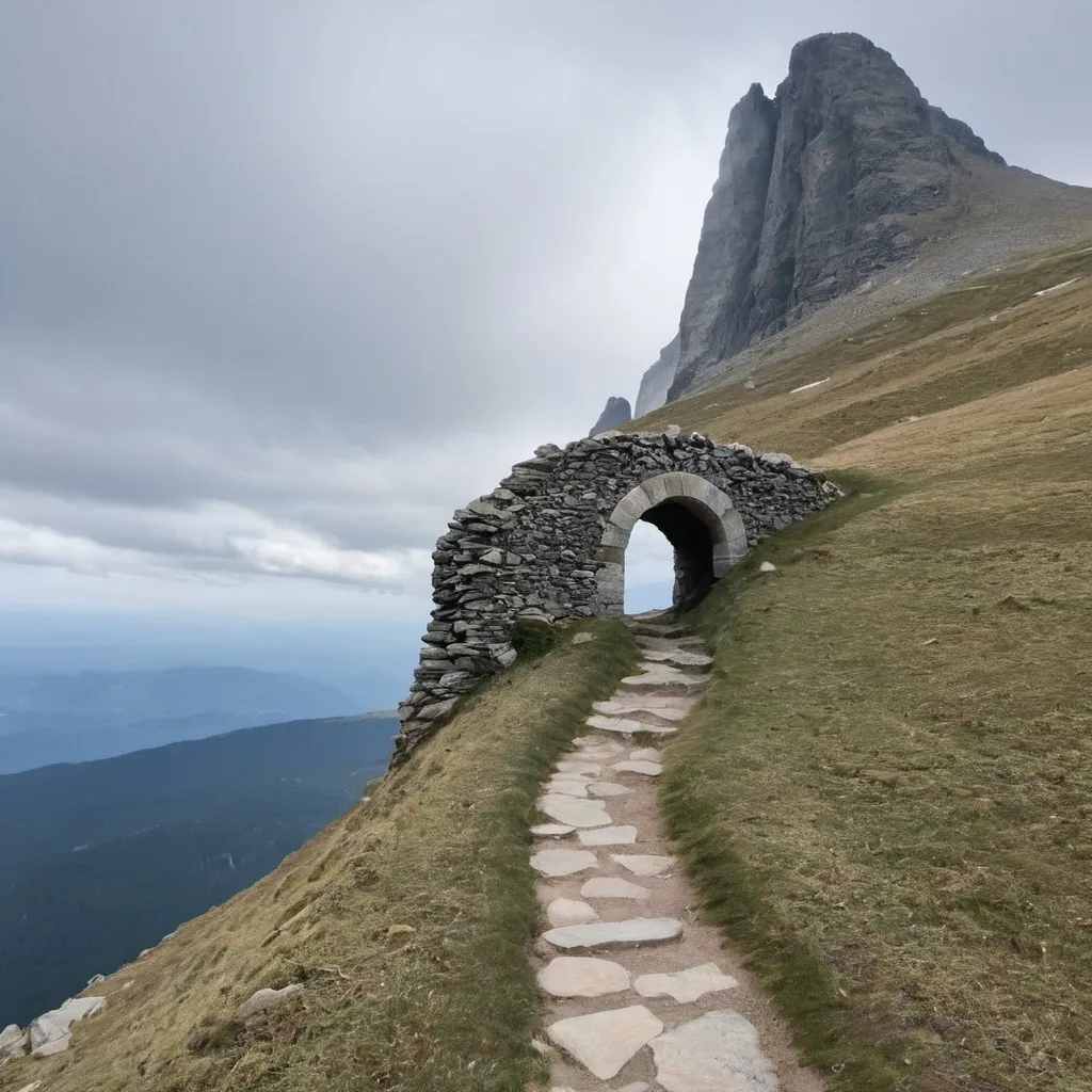 Prompt: Mountain path leading to summit with archway