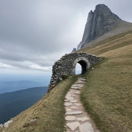 Prompt: Mountain path leading to summit with archway