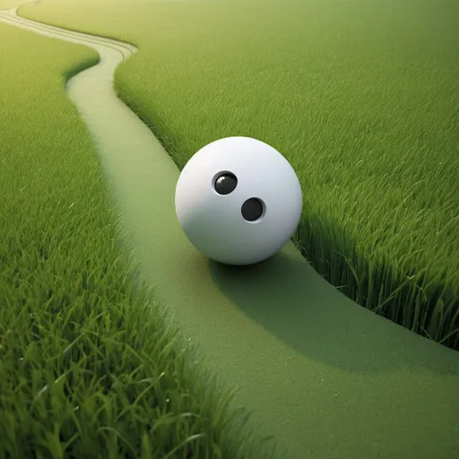 Prompt: Stylised rolling ball creating indented trail through grass
