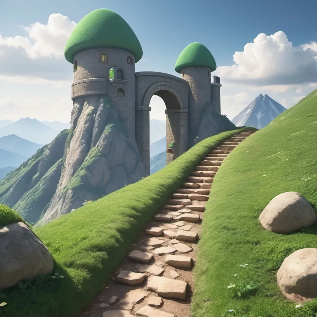 Prompt: Super Mario style mountain path leading to summit with archway