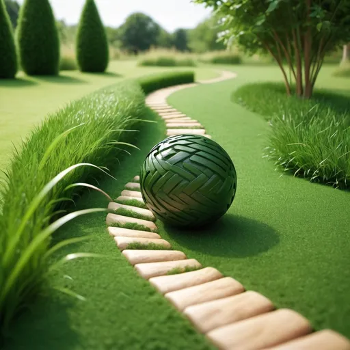Prompt: Stylised grass path being carved out by ball rolling fast through grass