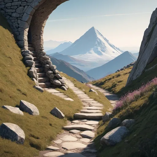 Prompt: Stylised mountain path leading to summit with archway