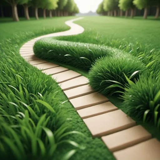 Prompt: Stylised grass path being carved out by ball rolling fast through grass