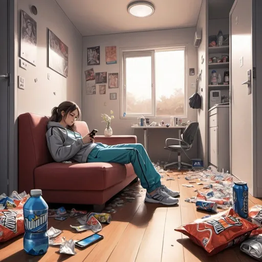 Prompt: Generate a picture in manga style:

The young woman's room. In the foreground, her lazy boyfriend lounges on the couch with a phone in his hands, casually dressed. He is deep into his phone.  Empty chip packets and energy drink bottles are scattered around. In the background, the young woman stands in the doorway, just back from the gym in a tracksuit, looking unhapy