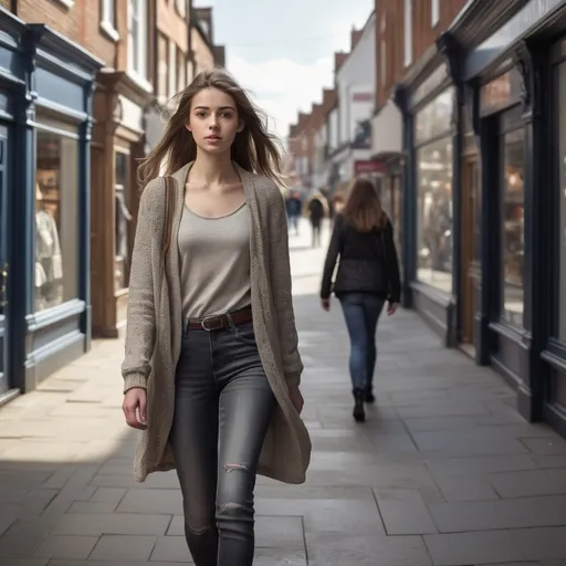 Prompt: Tall young woman walking down the high street, detailed clothing, realistic, natural lighting